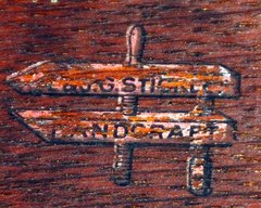 "L.& J.G. Stickley, Handcraft" wooden handscrew clamp decal signature on back of seat rail.  Circa 1906 to 1912.